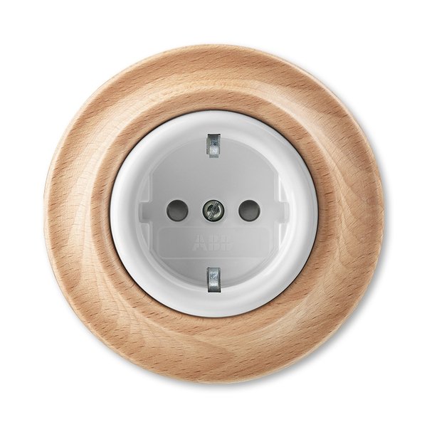 ABB Decento Белый фарфор / Натуральное дерево "Бук" Розетка с заземлением со шторками 16А 2CHK203459C4050