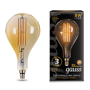Gauss Лампа Filament А160 8W 780lm 2400К Е27 golden straight LED 149802008
