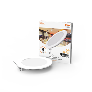 Gauss Светильник Slim круг 15W 990lm 3000K 180-265V IP20 монтаж Ø155 170*22 LED 939111115