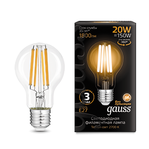 Gauss Лампа Filament А60 20W 1800lm 2700К Е27 LED 102902120