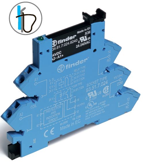 Finder Интерфейсный модуль (сборка 34.81.7.060.8240 + 93.51.3.240), твердотельное реле; выход 2A (240В АC); питание 230-240В AC/DC; подавление утечки 389132408240