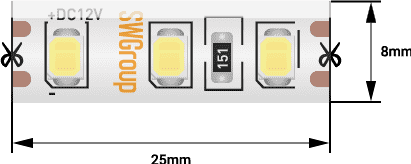 SWG Лента светодиодная стандарт 2835, 120 LED/м, 9,6 Вт/м, 12В , IP65, Цвет: Теплый белый SWG2120-12-9.6-WW-65