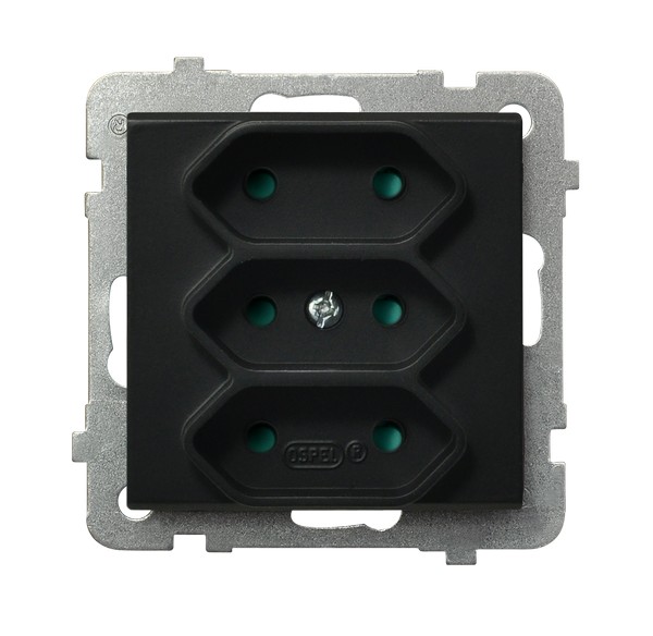 Ospel Sonata Черный металлик Розетка 3-я (в одну коробку) для узких вилок б/з EUROсо шторками, без рамки GP-3RP/m/33