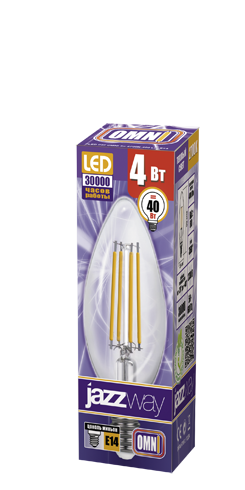 Купить Jazzway Лампа светодиодная (LED) «свеча» d35мм E14 320° 4Вт 220-230В прозрачная тепло-белая желтая 2700К .1028006