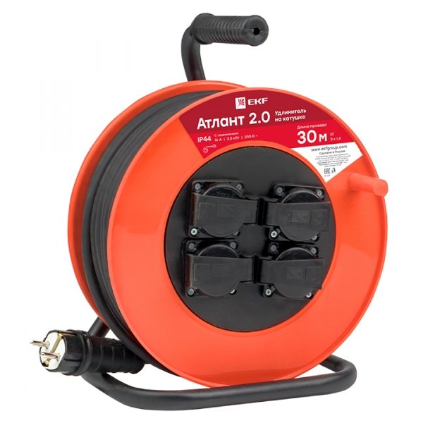 EKF PROxima Удлинитель на катушке "Атлант 2.0" 4 гнезда 30м с заземлением КГ 3*1,5 16А/3,5кВт IP44