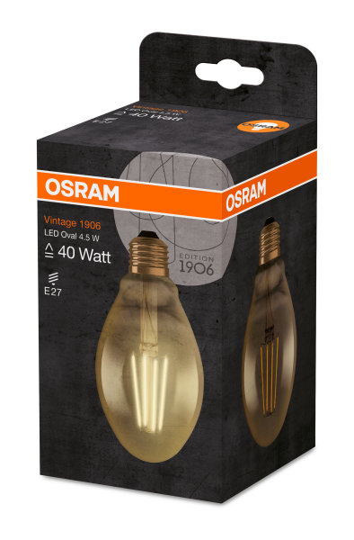 Купить Osram Светодиодная лампа Vintage 1906 LED CL OVAL,филаментная, GOLD 4,5W (замена 40Вт),теплый белый свет (825), золотистая,цоколь E27 4058075091979