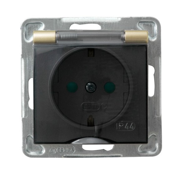 Ospel Impresja Золотой металлик Розетка 1-ая с/з IP44 с крышкой  Schuko со шторками, без рамки GPH-1YSP/m/28/d