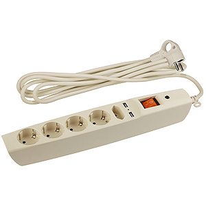 ЭРА SFU-5es-2m-I Слоновая кость Сетевой фильтр надежная защита, с защитным шторками, с выключателем, 5гн+2USB, 2м,, 10А, шторки