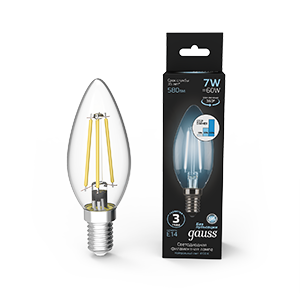 Gauss Лампа Filament Свеча 7W 580lm 4100К Е14 шаг. диммирование LED 103801207-S