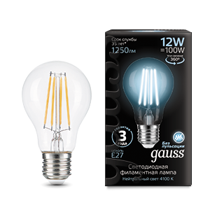 Gauss Лампа Filament А60 12W 1250lm 4100К Е27 LED 102902212