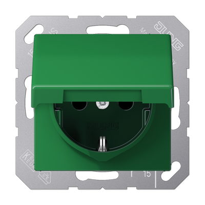 JUNG SCHUKO-розетка с откидной крышкой и защитой от детей зелёная ABAS1520KIKLGN