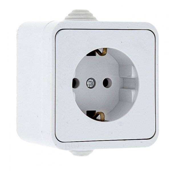 EKF PROxima Прага Розетка 1-местная 16А с заземлением IP44 белая EKR16-028-10-44