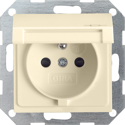 Gira S-55 Крем глянц Розетка с заземляющим штифтом, с затвором (shutter) и символом  и крышкой 048801