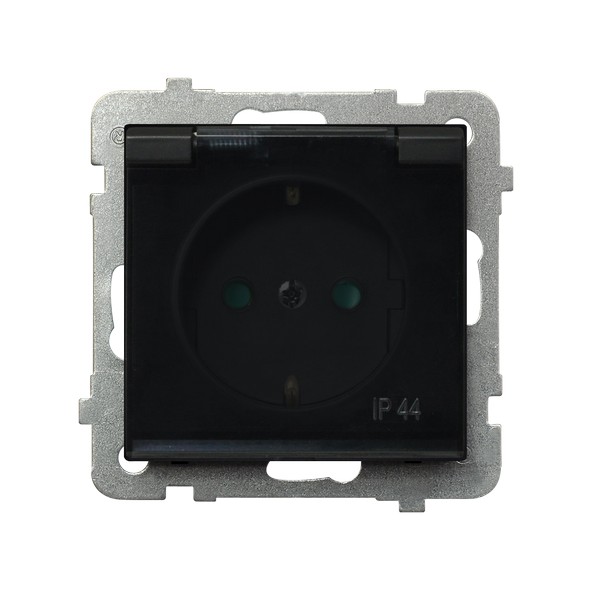 Ospel Sonata Черный металлик Розетка 1-ая с/з IP44 с крышкой  Schuko со шторками, без рамки GPH-1RSP/m/33/d