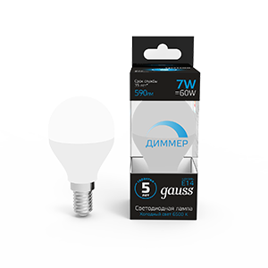 Gauss Лампа Шар 7W 590lm 6500К E14 диммируемая LED 105101307-D