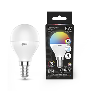 Gauss Лампа Шар 6W E14 RGBW+димирование LED 105101406