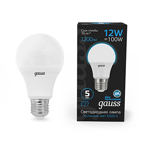 Gauss Лампа A60 12W 1200lm 6500K E27 LED 1/10/50 102502312
