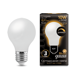 Gauss Лампа Filament А60 10W 820lm 2700К Е27 milky диммируемая LED 102202110-D