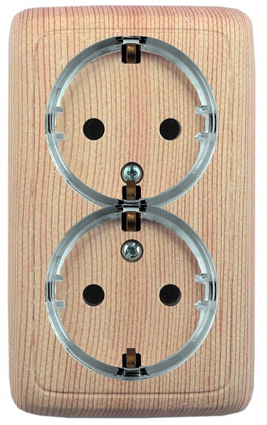 Hegel Альфа наруж Сосна РА16-184-02 Розетка с/з двойная, со шторками, с изол. пластиной