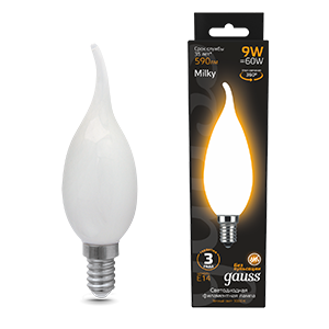 Gauss Лампа Filament Свеча на ветру 9W 590lm 3000К Е14 milky LED 104201109