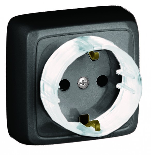 HEGEL Черный РА16-174-08 Розетка открытой установки, одноместная, с заземляющим контактом, со шторкой, с изолирующей пластиной