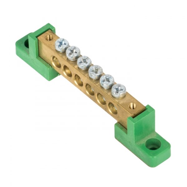 EKF PROxima Шина "0" PE 8x12мм 6 отверстий латунь с контактной пластиной 2 зелёных угловых изолятора