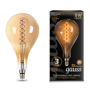 Gauss Лампа Filament А160 8W 620lm 2400К Е27 golden flexible LED 150802008