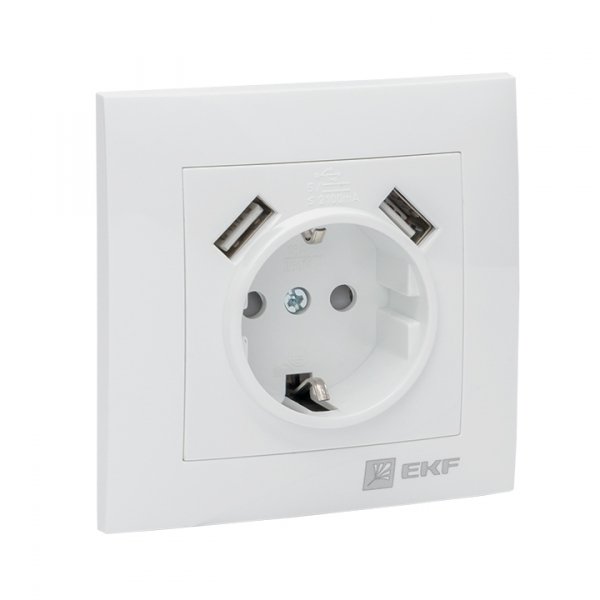 EKF PROxima Валенсия розетка 1-местная с/з 16А белая с защ. штор. с 2 USB 2,1А