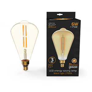 Gauss Лампа Filament ST164 6W 890lm 2700К Е27 golden straight LED 157802118