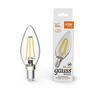 Gauss Лампа Basic Filament Свеча 4,5W 400lm 2700К Е14 LED 1031115