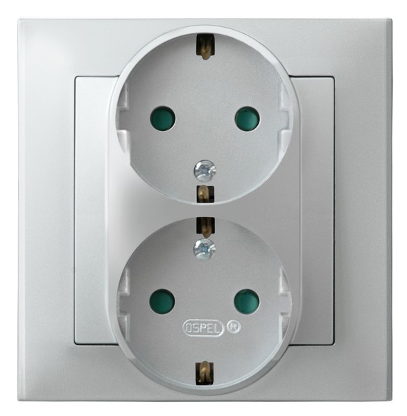 Ospel Sonata Серебро матовое Розетка 2-я с/з Schuko со шторками, с рамкой GP-2RSP/38