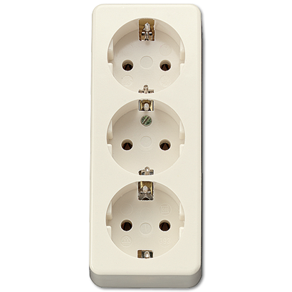 JUNG Штепсельная розетка SCHUKO 16А / 250В, тройная накладного монтажа, с монтажной платой, с зажимом для фиксации кабеля термопласт  слоновая кость A 10S23LA