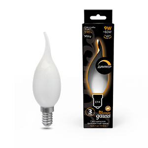 Gauss Лампа Filament Свеча на ветру 9W 590lm 3000К Е14 milky диммируемая LED 104201109-D