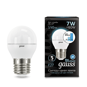 Gauss Лампа Шар 7W 550lm 4100K Е27 шаг. диммирование LED 105102207-S