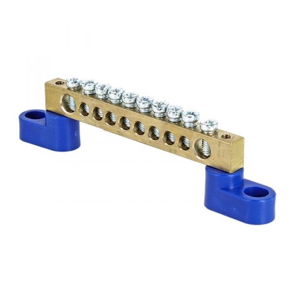 EKF PROxima Шина "0" N (8х12мм) 10 отверстий латунь 2 синих угловых изолятора