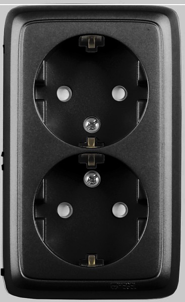 HEGEL Черный РА16-154-08 Розетка открытой установки, двухместная, с заземляющим контактом, со шторками, с изолирующей пластиной