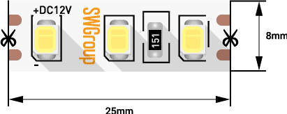 SWG Лента светодиодная стандарт 2835, 120 LED/м, 9,6 Вт/м, 12В , IP20, Цвет: Нейтральный белый 002744 SWG2120-12-9.6-NW