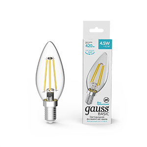 Gauss Лампа Basic Filament Свеча 4,5W 420lm 4100К Е14 LED 1031215