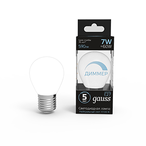 Gauss Лампа Шар 7W 590lm 4100К Е27 диммируемая LED 105102207-D