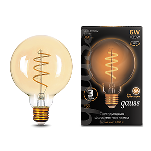 Gauss Лампа Filament G95 6W 360lm 2400К Е27 golden flexible LED 105802007