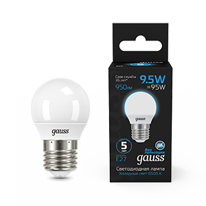 Gauss Лампа Шар 9.5W 950lm 6500K E27 LED 1/10/100 105102310