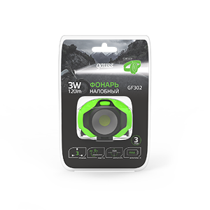 Gauss Фонарь налобный модель GFL302 3W 120lm 3xAAA LED 1/12/60 GF302