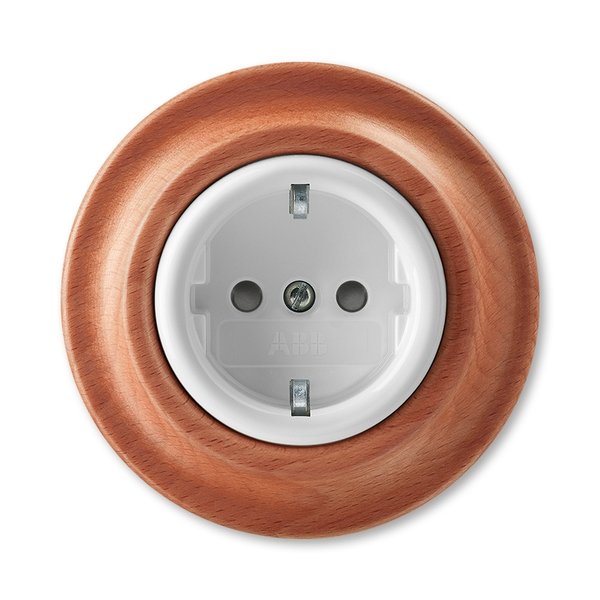 ABB Decento Белый фарфор / Натуральное дерево "Вишня" Розетка с заземлением со шторками 16А 2CHK203459C4052