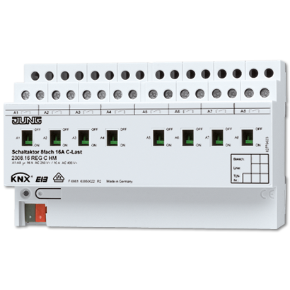 JUNG KNX Актор 8-ми канальный 220V AC 12-24V DC 16 A возм ручн упр DIN-рейка 2308.16REGCHM