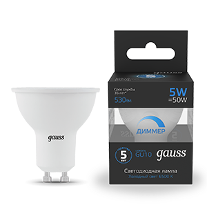Gauss Лампа MR16 5W 530lm 6500K GU10 диммируемая LED 1/10/100 101506305-D