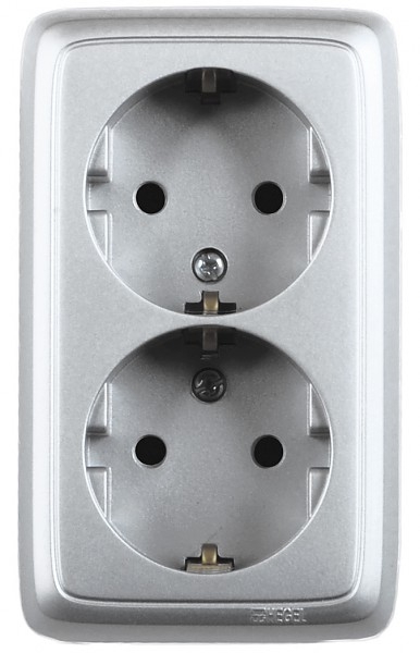 Hegel Альфа наруж Серебро РА16-153-06 Розетка с/з двойная, с изол. пластиной