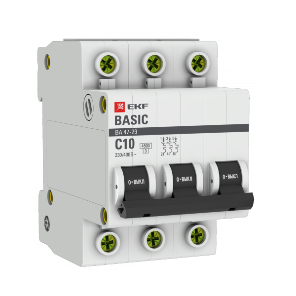 EKF Basic ВА 47-29 Автоматический выключатель (С) 3P 10А 4,5кА mcb4729-3-10C