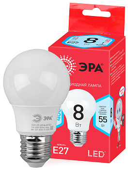 ЭРА ECO LED A55-8W-840-E27 (диод, груша, 8Вт, нейтр, E27)