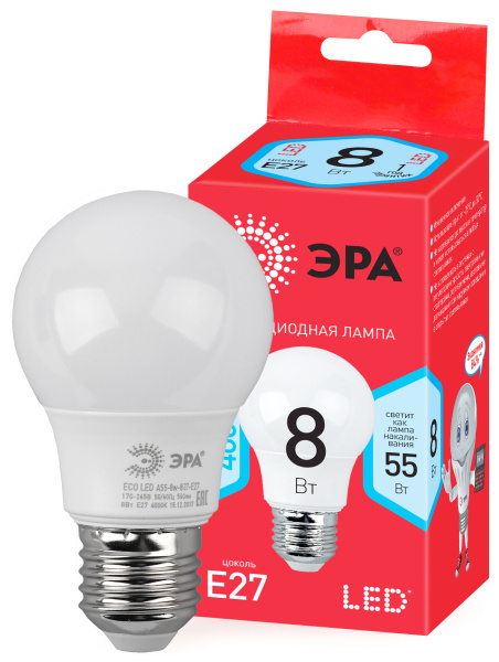 ЭРА ECO LED A55-8W-840-E27 (диод, груша, 8Вт, нейтр, E27)