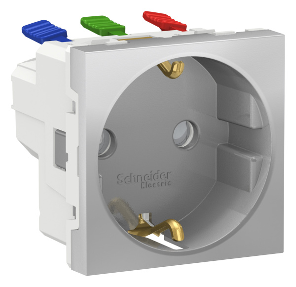 Купить SE Unica Modular Алюминий Розетка с/з со шторками, с быстрозажимными клеммами, 16А 250В, 2 модуля NU305730